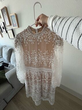 Ivory Lace Overlay Dress with Floral Embroidery